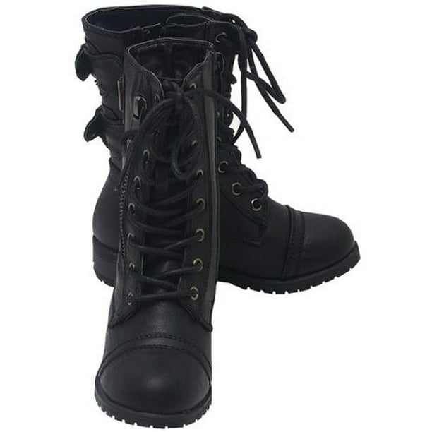 NEW Girls Lace Up Combat Boots Military Buckle Zipper Low Heel Kids Size Shoes